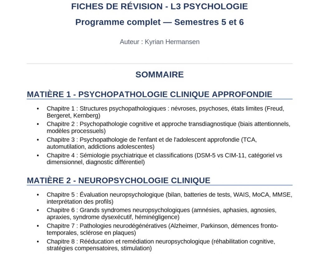 Sommaire fiches L3 Psychologie