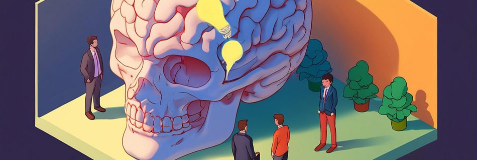 Des hommes d'affaires isométriques devant le grand cerveau et l'ampoule d'idée