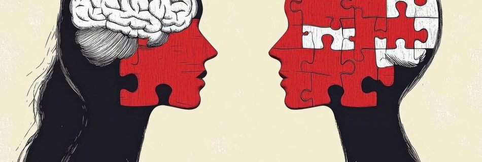 Neuroprosthétique Réseau cérébral Illustration de deux femmes avec des têtes de pièces de puzzle représentant la disco