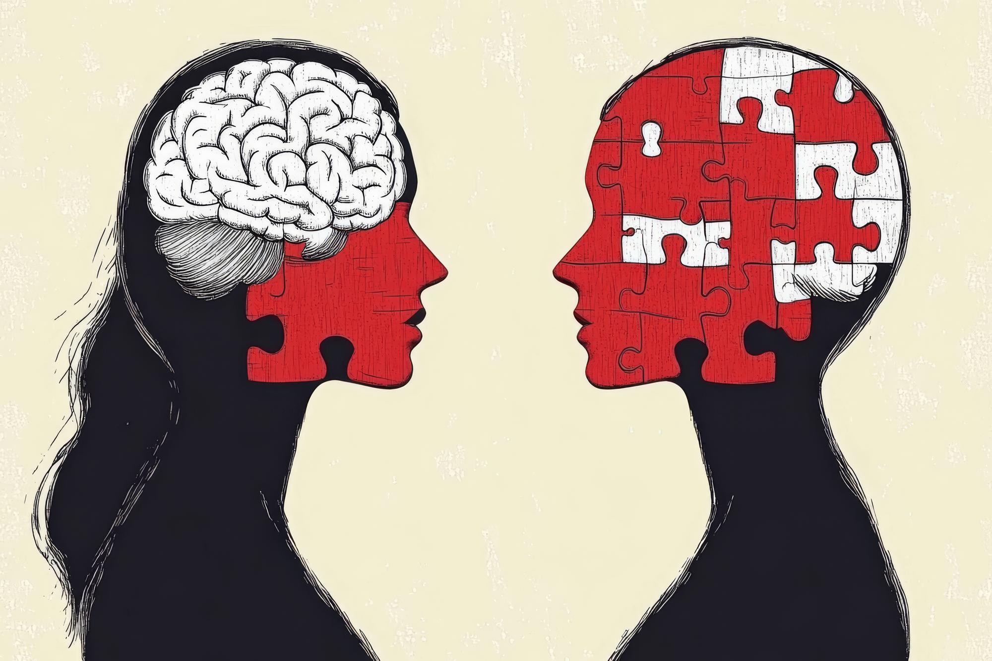 Neuroprosthétique Réseau cérébral Illustration de deux femmes avec des têtes de pièces de puzzle représentant la disco