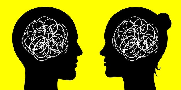 Un homme et une femme se dirigent avec le chaos dans leur cerveau Illustration vectorielle du concept de relations entre les sexes