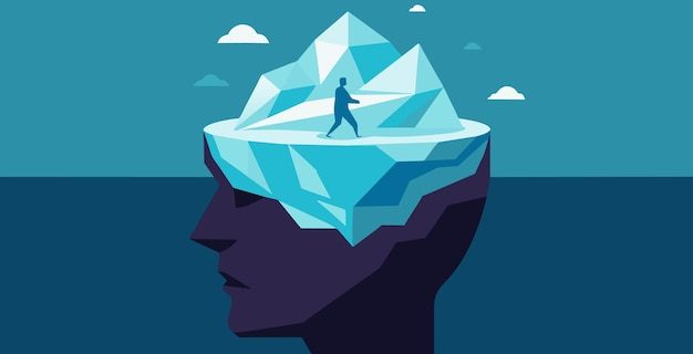 Une représentation d'un iceberg en forme de tête de personne avec la pointe exposée étiquetée comme esprit conscient
