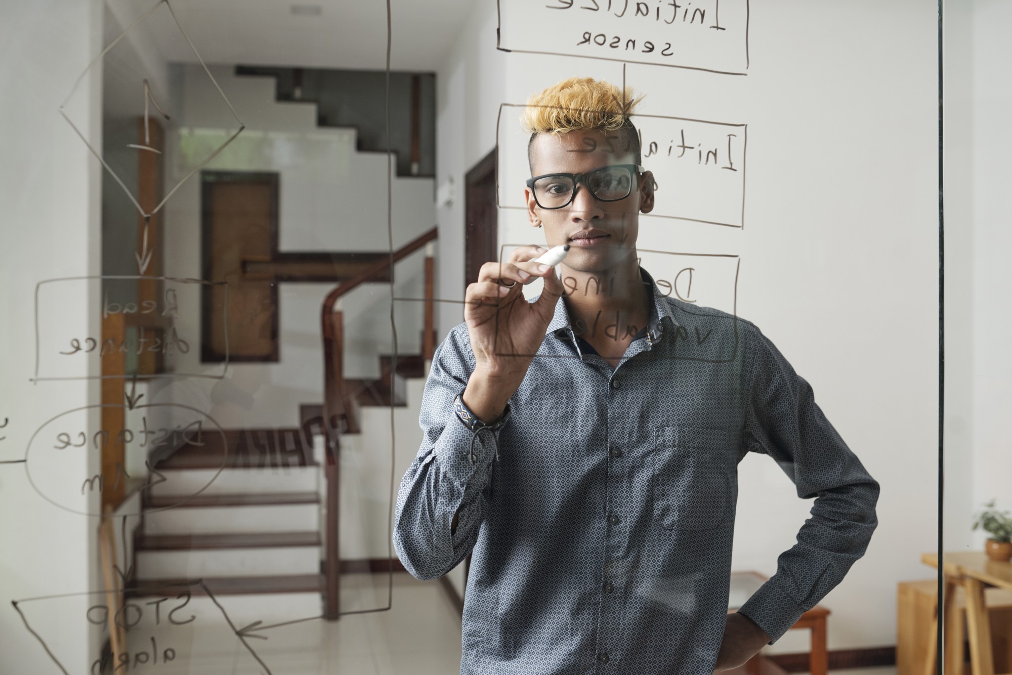 Jeune développeur de logiciels sérieux dessinant un organigramme général sur un mur de verre au bureau de sa société