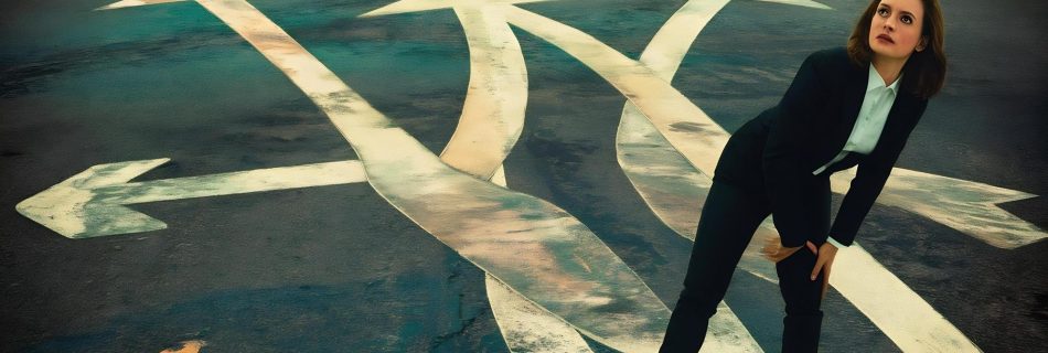 Des pieds féminins en bottes noires debout sur la route avec des marques de flèches pointant dans différentes directions