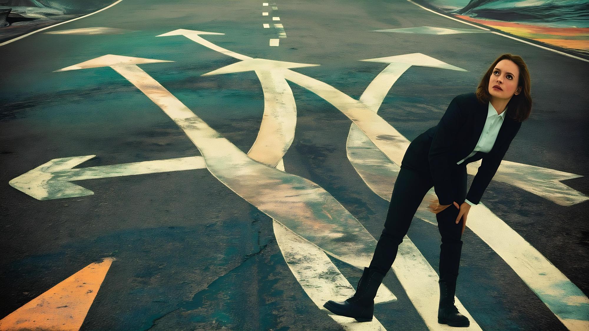 Des pieds féminins en bottes noires debout sur la route avec des marques de flèches pointant dans différentes directions