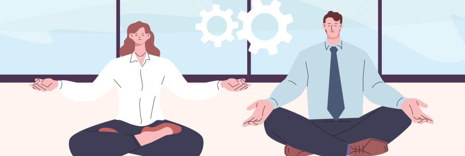 Travailleurs de bureau méditation collègues nettoyage du cerveau processus d'esprit propre femme d'affaires et homme bien-être scène vectorielle d'équilibre de travail de la vie