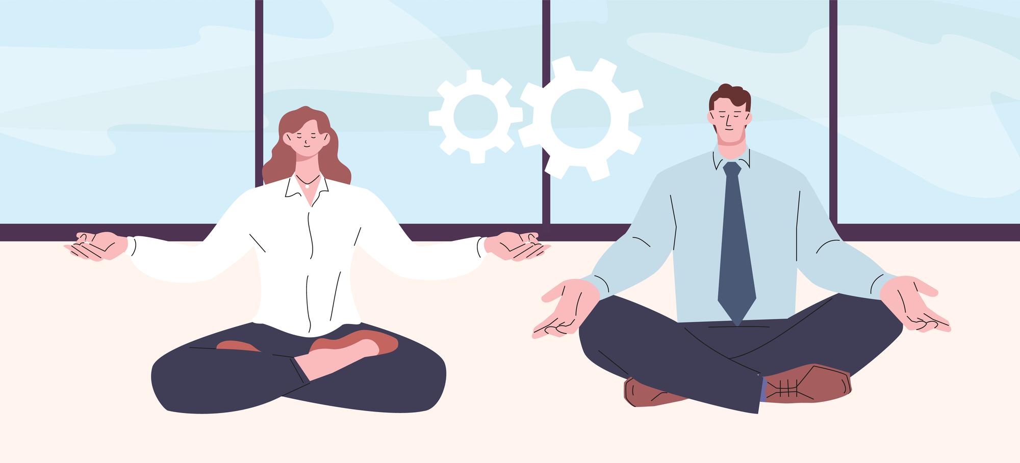 Travailleurs de bureau méditation collègues nettoyage du cerveau processus d'esprit propre femme d'affaires et homme bien-être scène vectorielle d'équilibre de travail de la vie