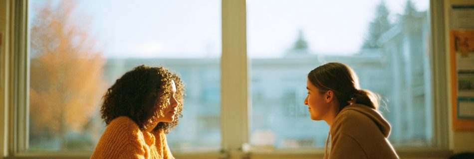 Two young female students talking at school desk in classroom