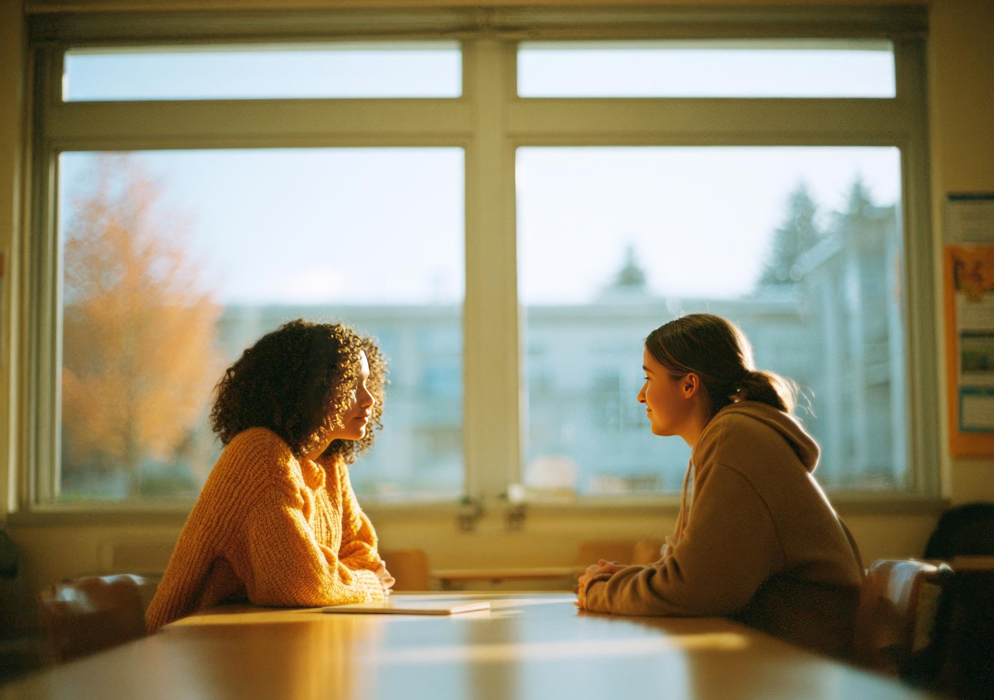 Two young female students talking at school desk in classroom
