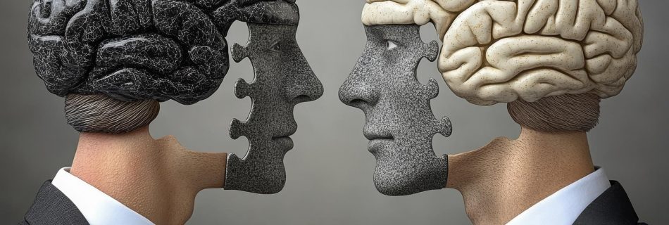 Illustration minimaliste de deux profils avec des cerveaux exposés en échelle de gris symbolisant la dualité mentale