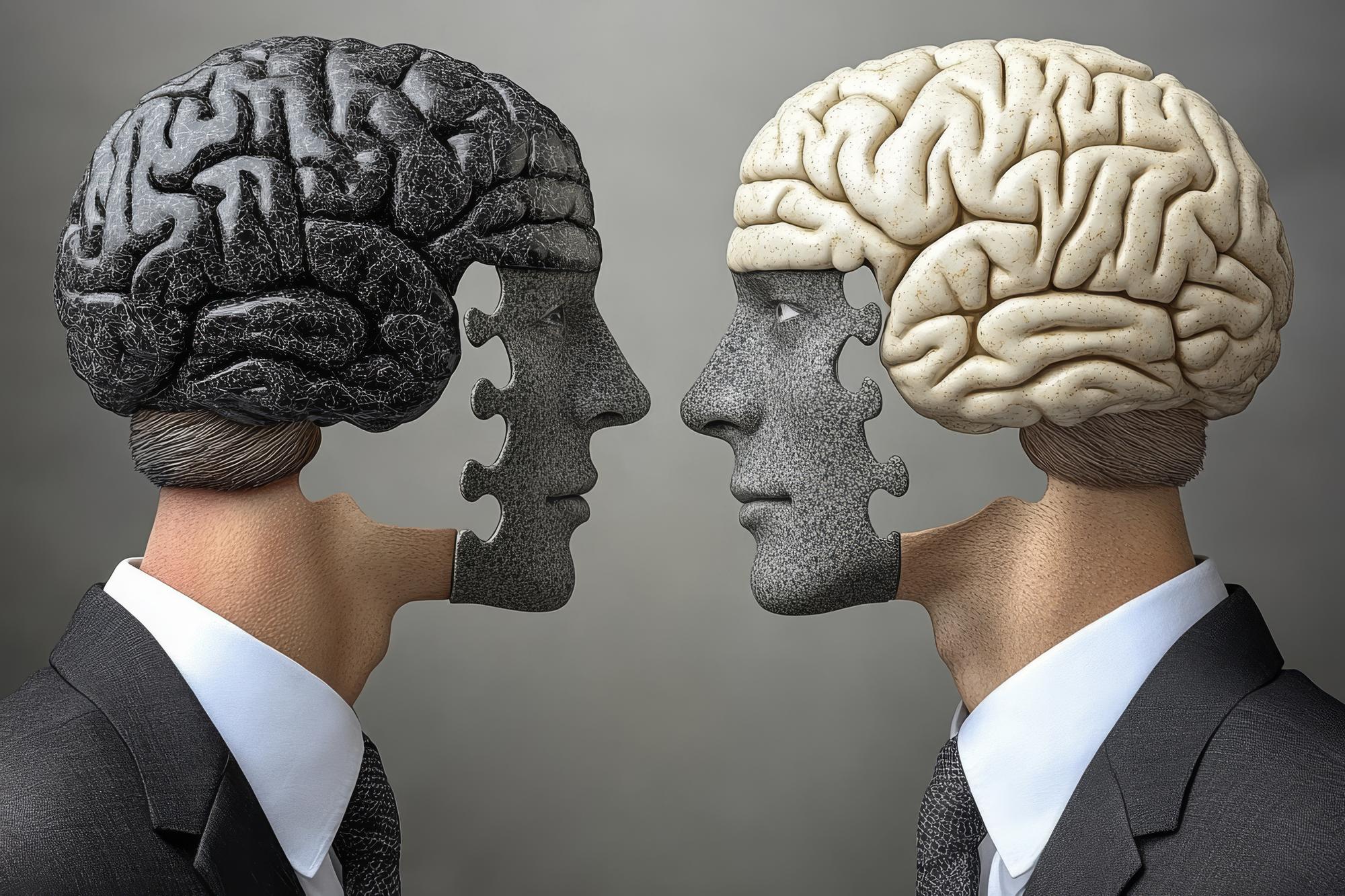 Illustration minimaliste de deux profils avec des cerveaux exposés en échelle de gris symbolisant la dualité mentale