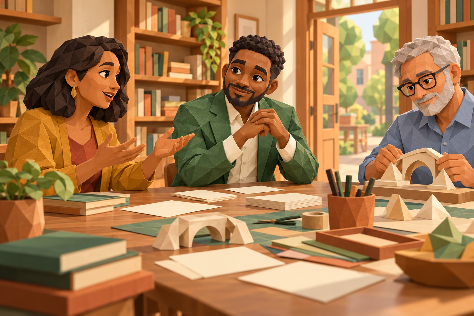 Three volunteers preparing a skill-sharing afternoon, illustrated in sculpted paper