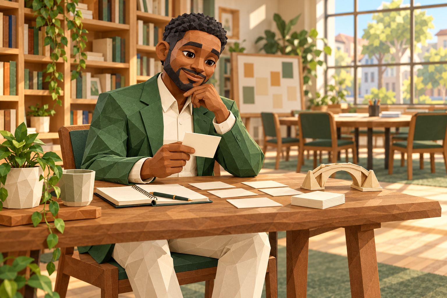 A man planning a library gathering, illustrated in sculpted paper