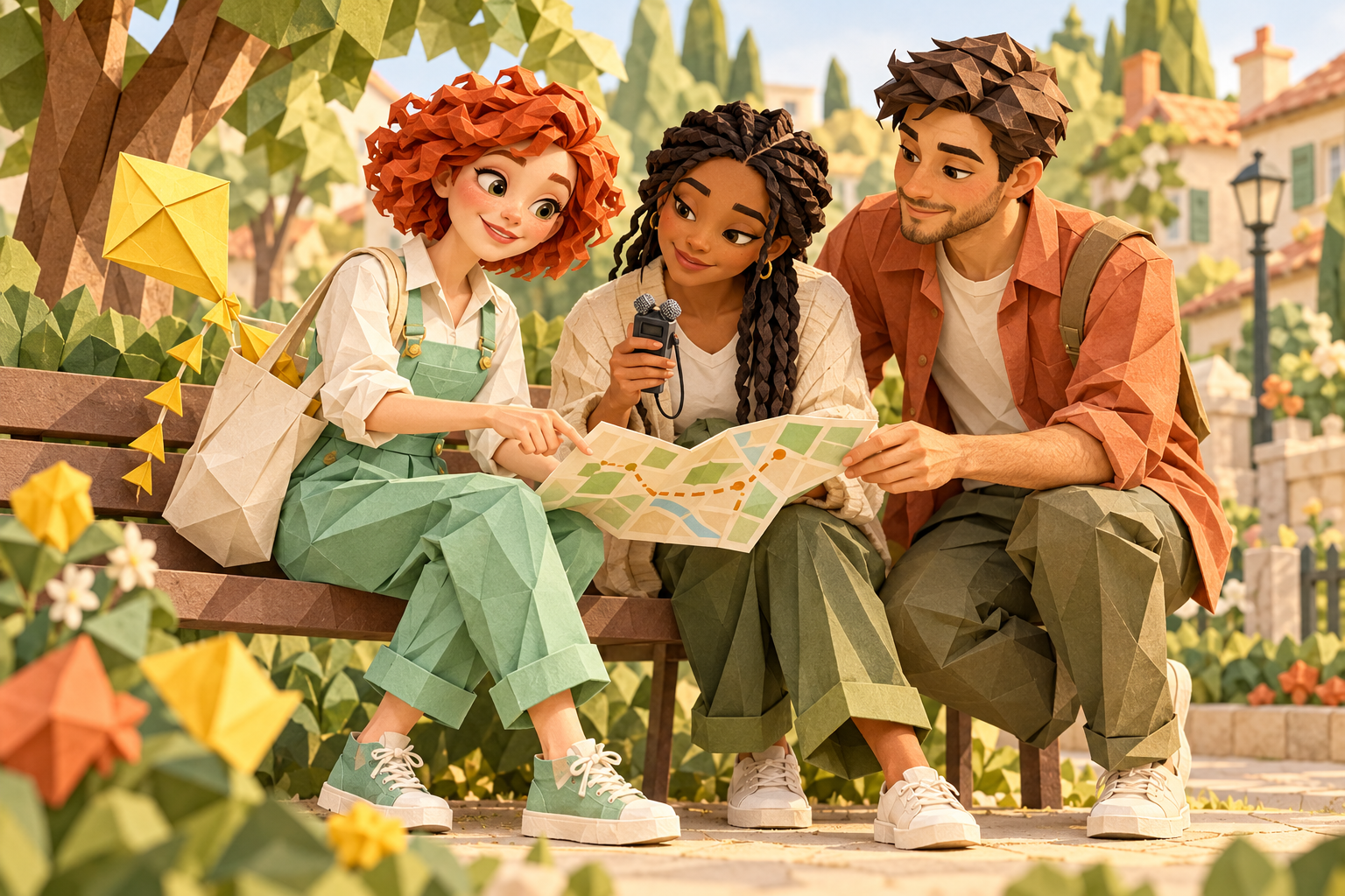 Three people testing an audio walk in a garden, illustrated in sculpted paper
