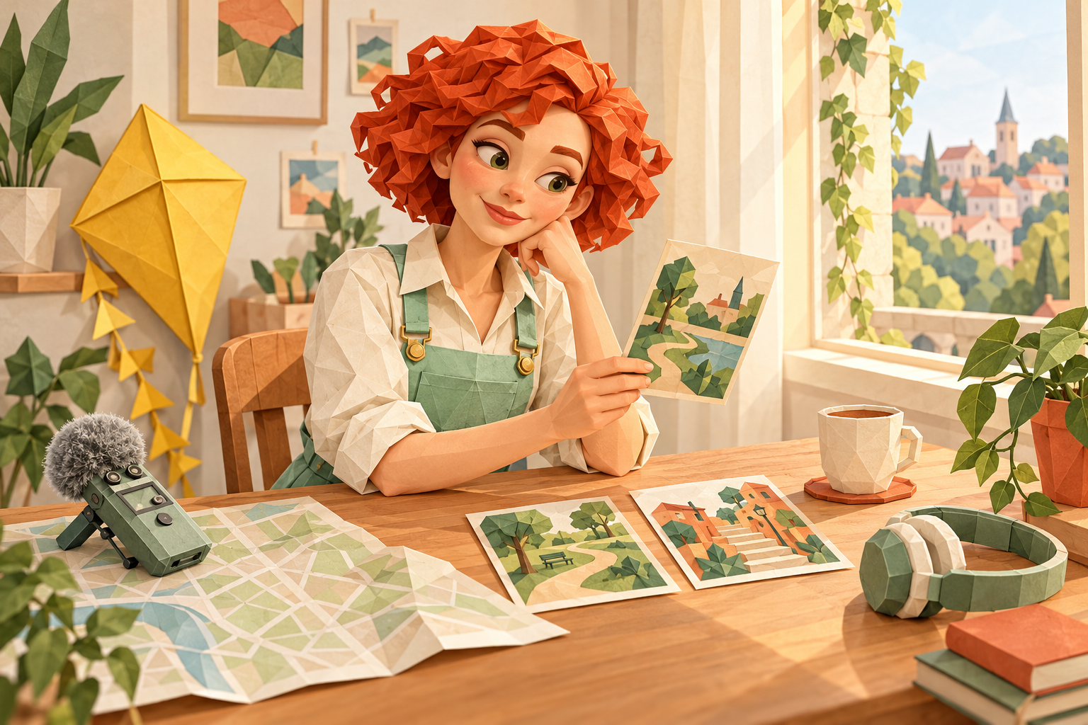 A woman planning a neighborhood audio walk, illustrated in sculpted paper