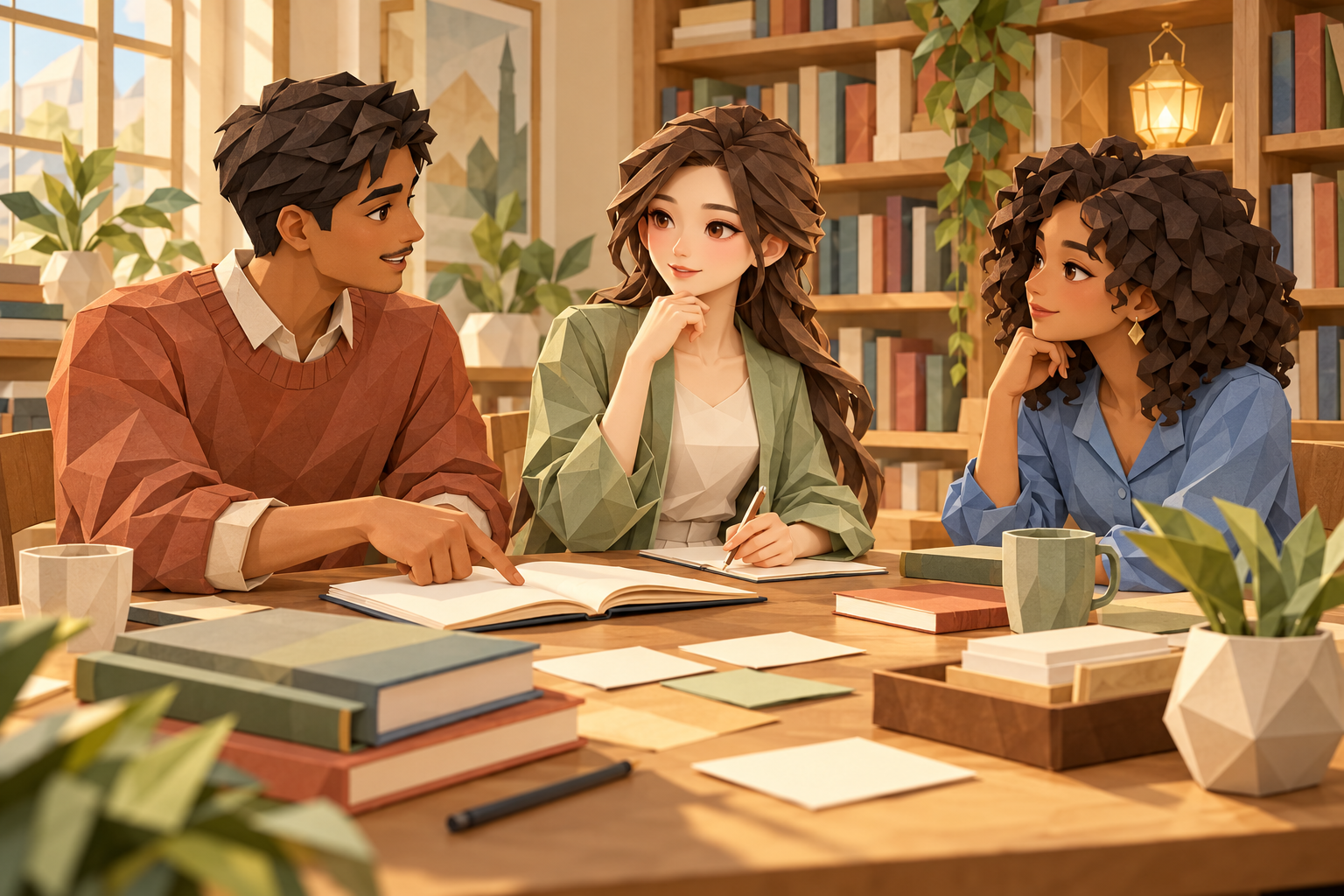 Three people preparing a workshop at a library table, illustrated in sculpted paper