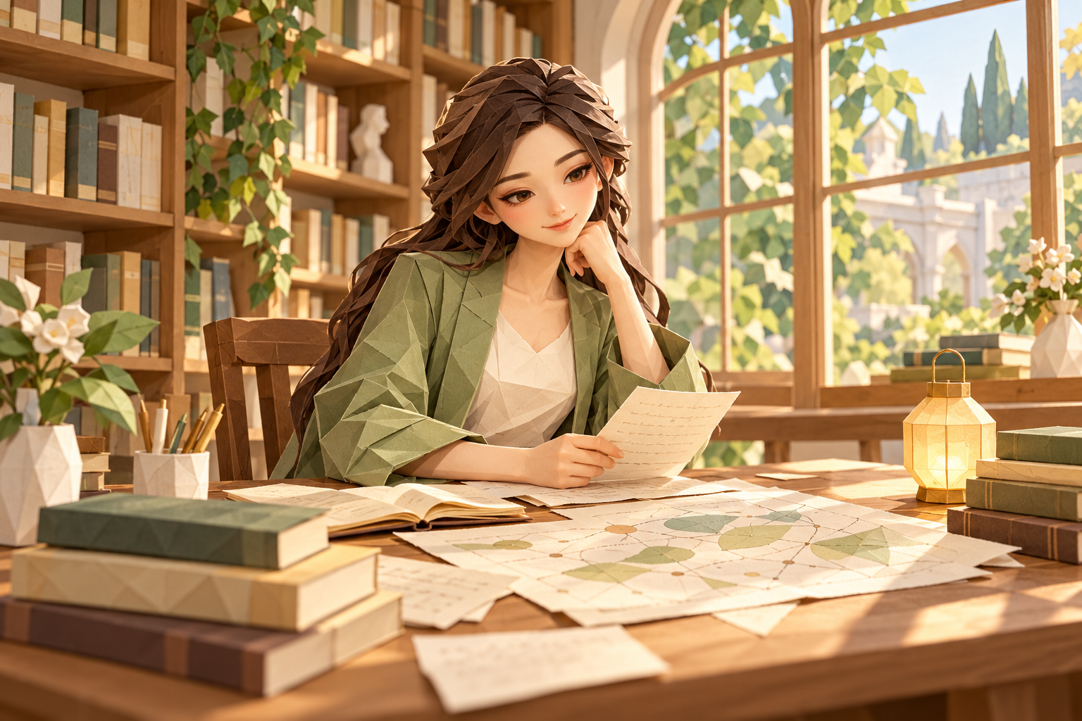A woman reviewing notes at a library table, illustrated in sculpted paper