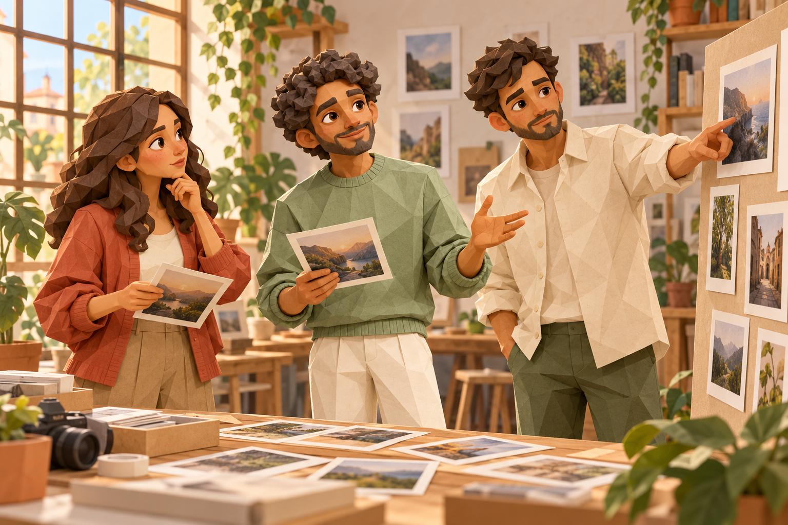 Three people preparing a photography exhibition, illustrated in sculpted paper