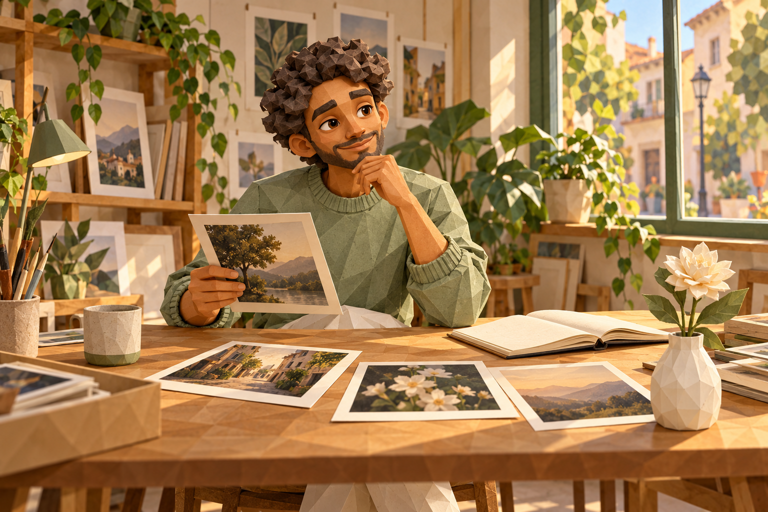 A man choosing photographs in a sunlit workshop, illustrated in sculpted paper
