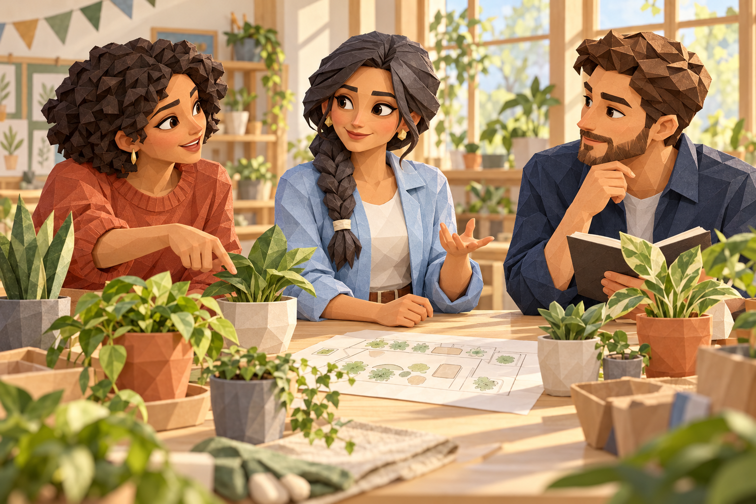 Nora, Maya, and Julien discussing a plant exchange, illustrated in sculpted paper