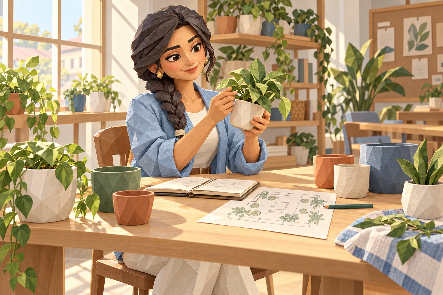 Nora examining a plant while preparing a neighborhood exchange, illustrated in sculpted paper