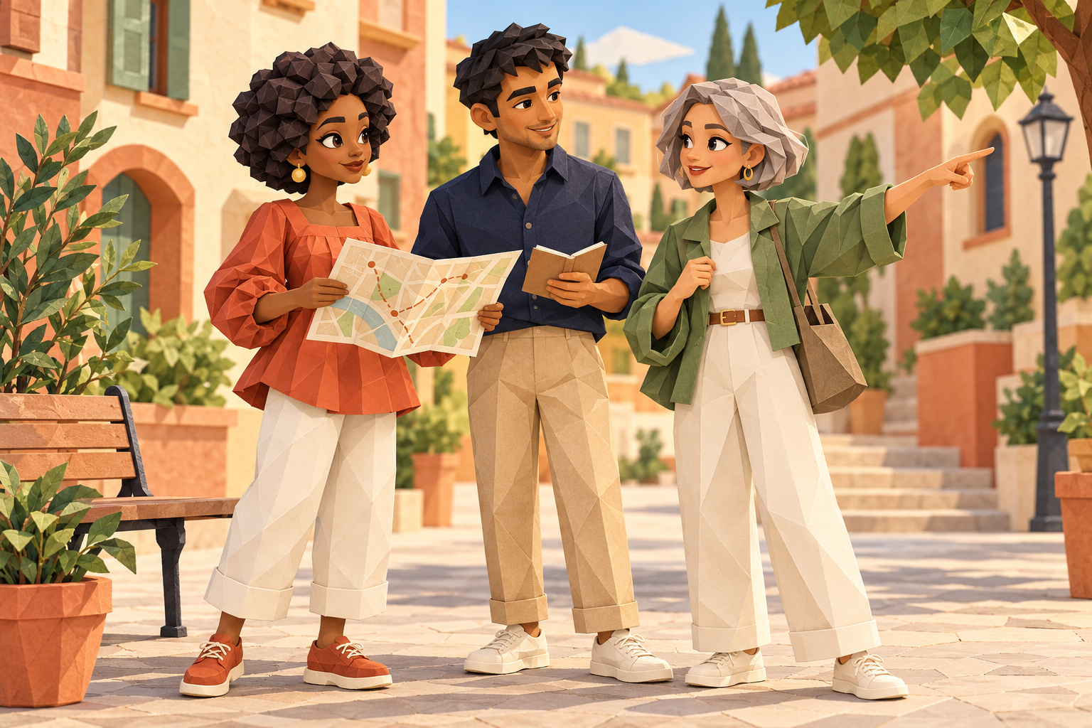 Mila, Samir, and Jeanne discussing a neighborhood route, illustrated in sculpted paper