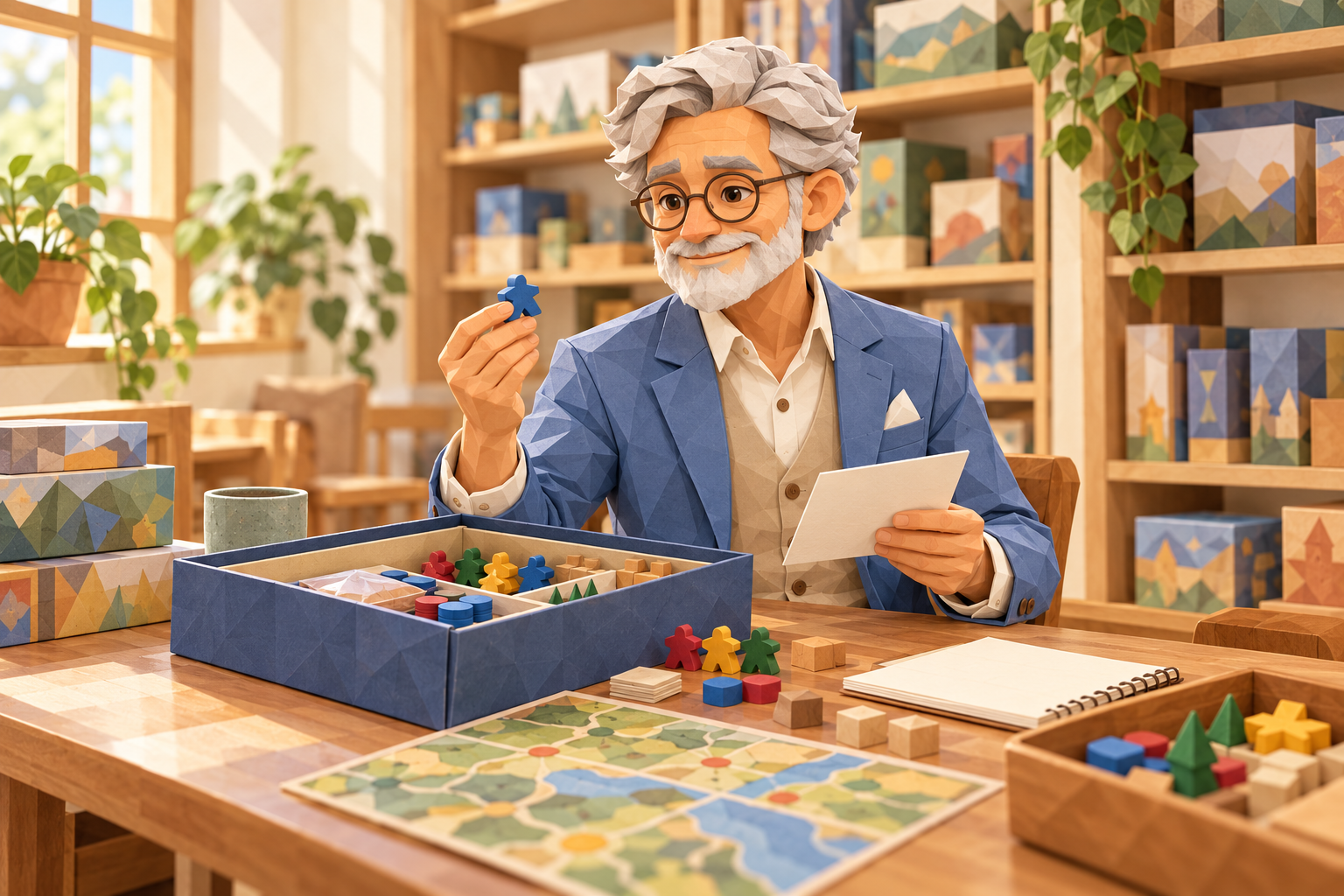 A man checking board-game pieces in a lending library, illustrated in sculpted paper