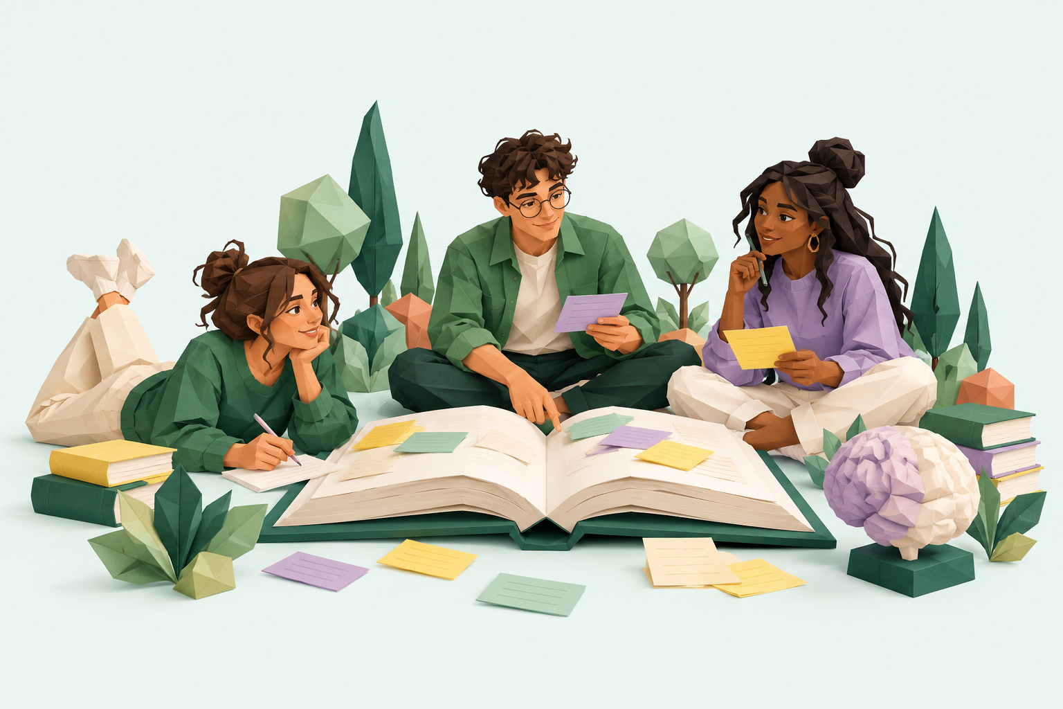 Three students learning together with books and psychology study notes.