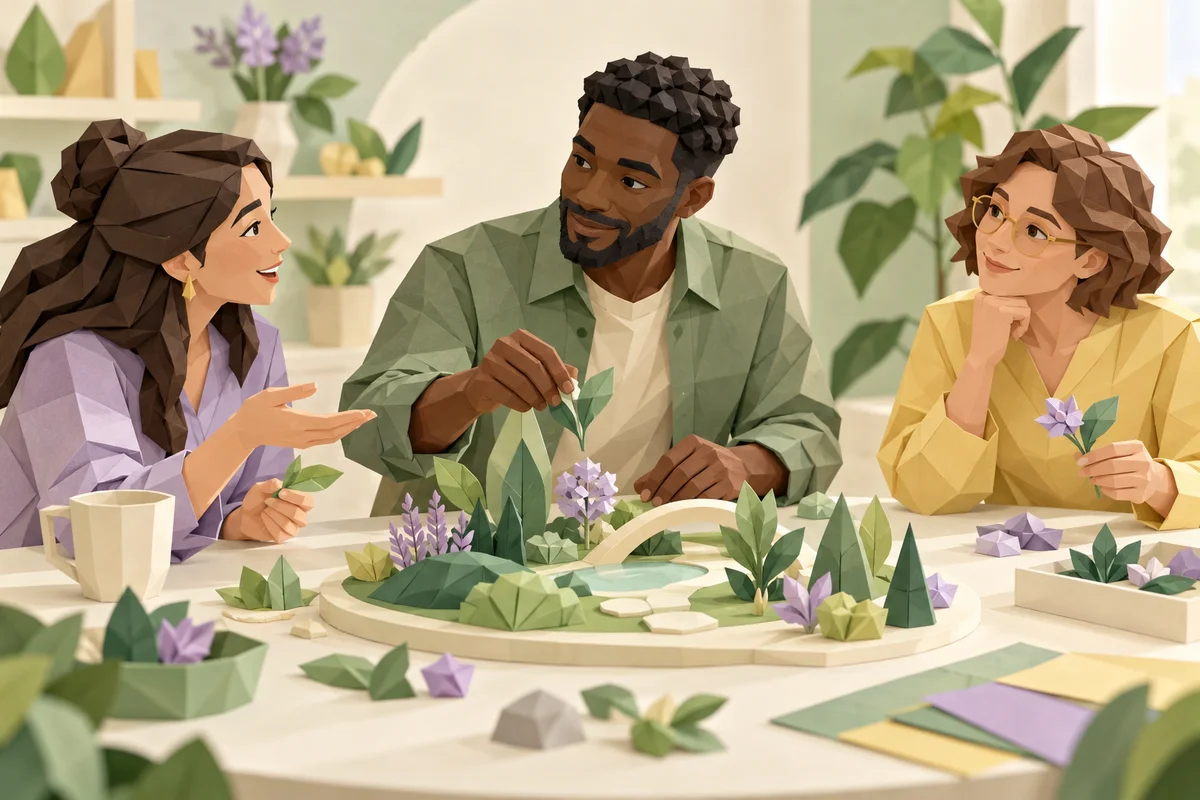 Three adults build a miniature paper garden together.