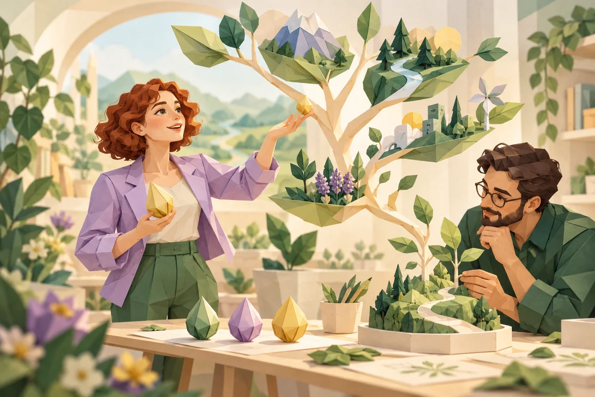 Two adults explore the branches of an imaginative paper tree.