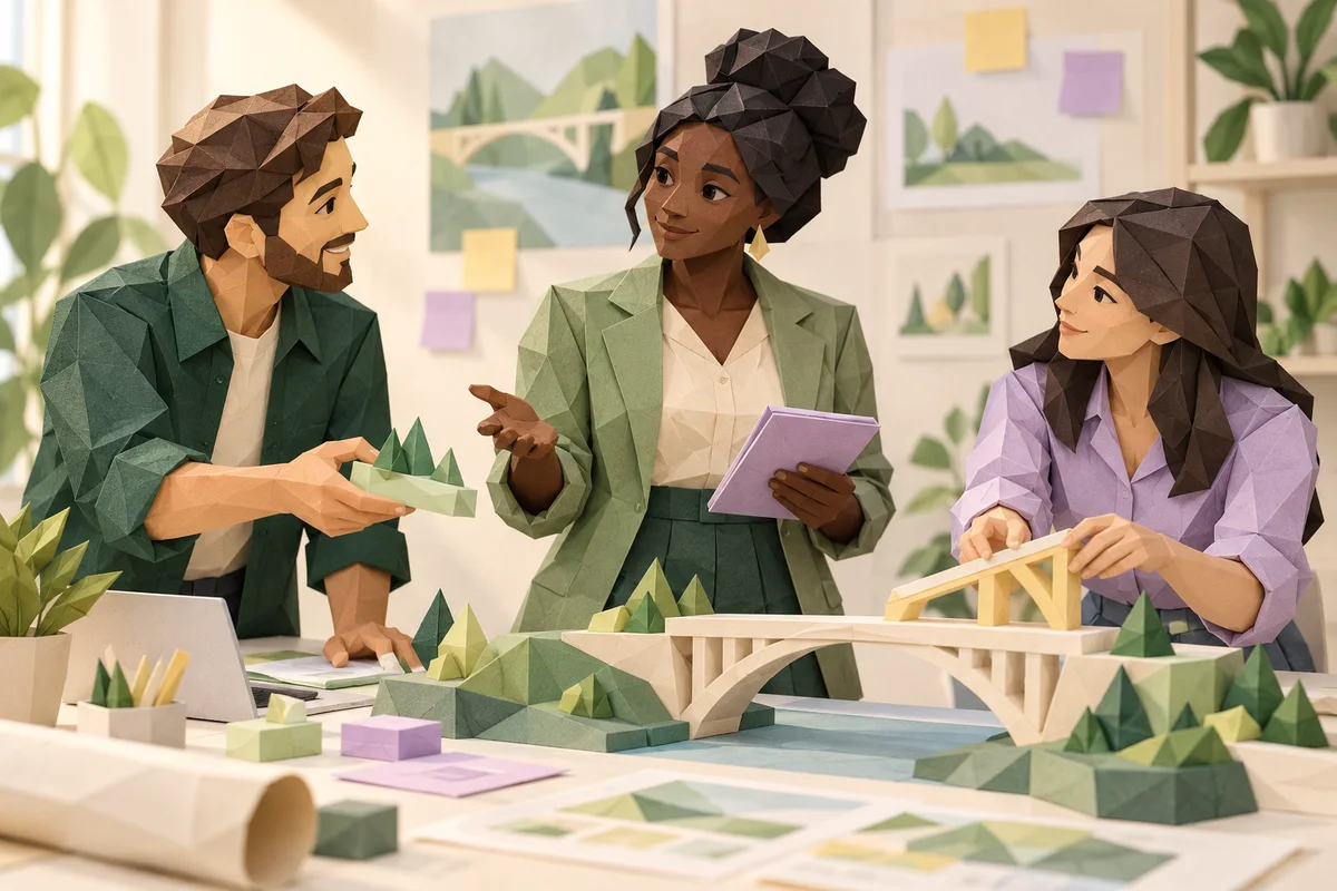 Three adults discuss a paper bridge model.
