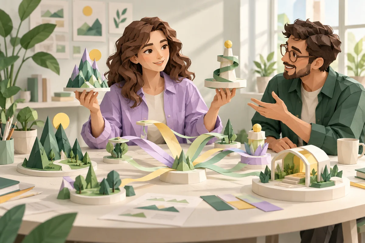 Two adults compare imaginative paper prototypes.