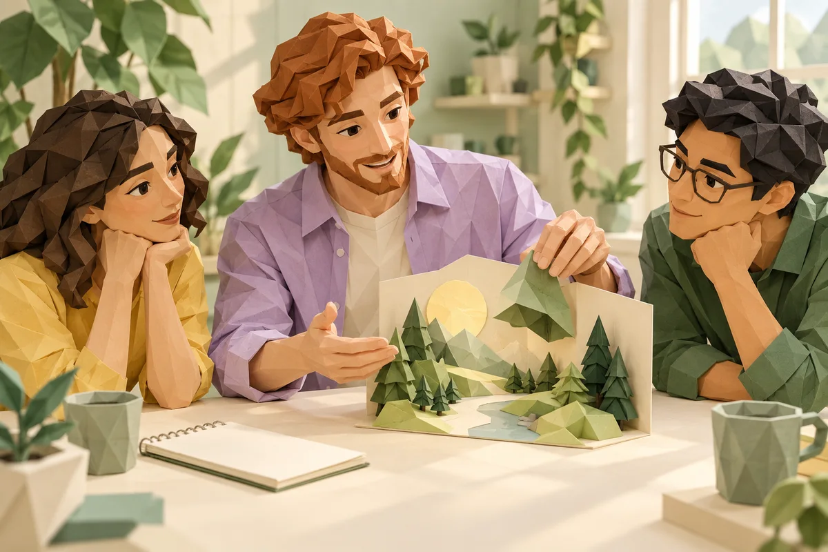 A man shows a paper landscape to two attentive people.