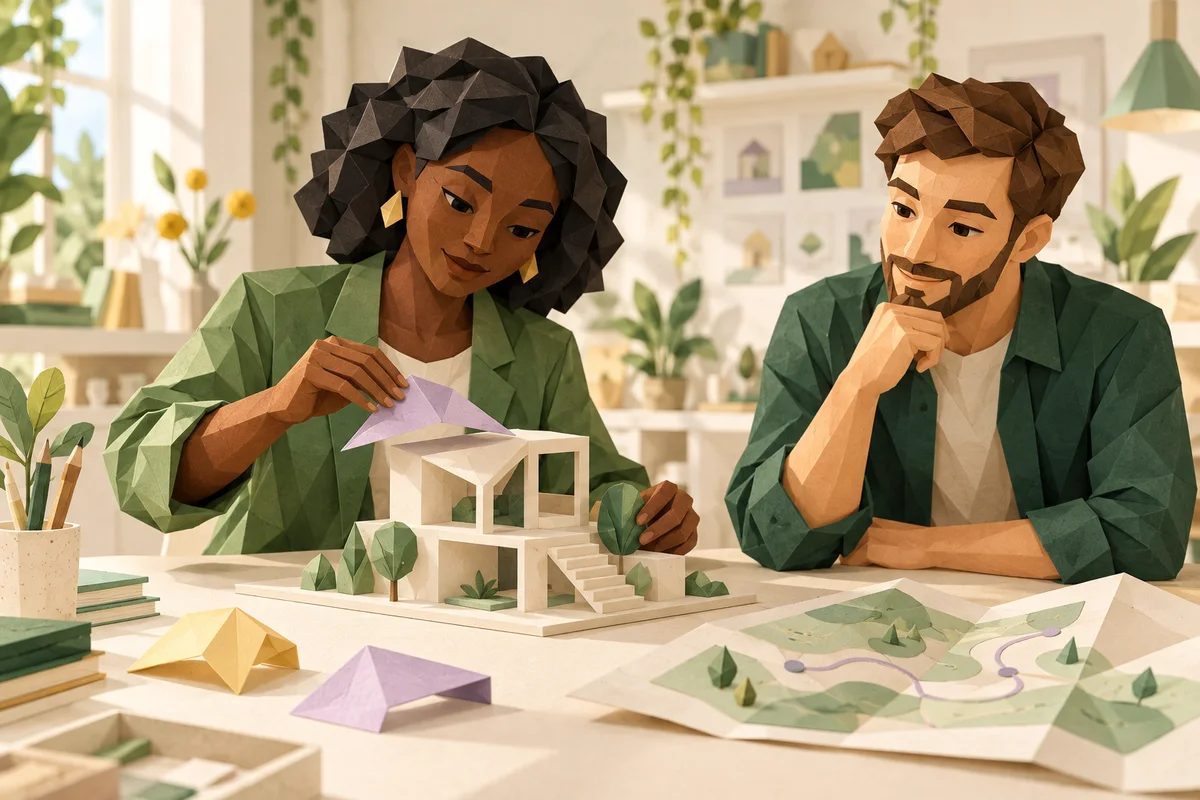 Two adults test a paper architectural prototype.