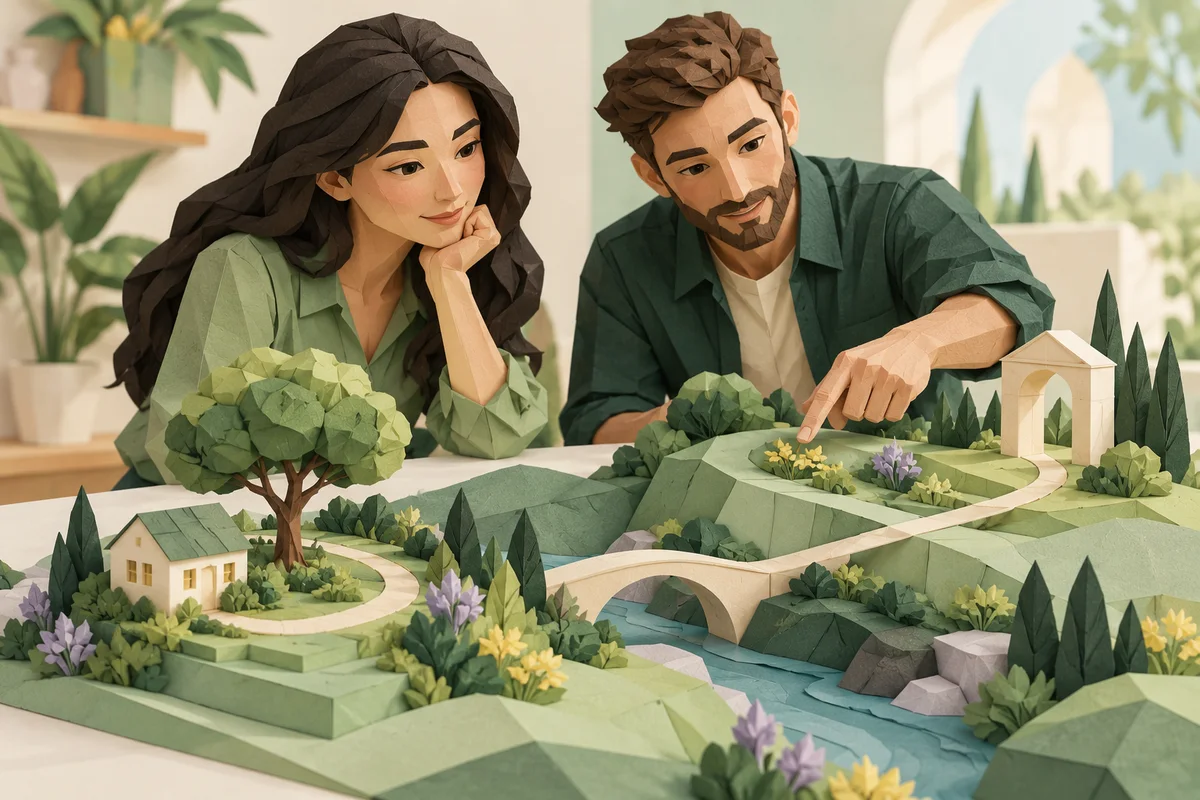Two adults examine a paper landscape with a winding pathway.