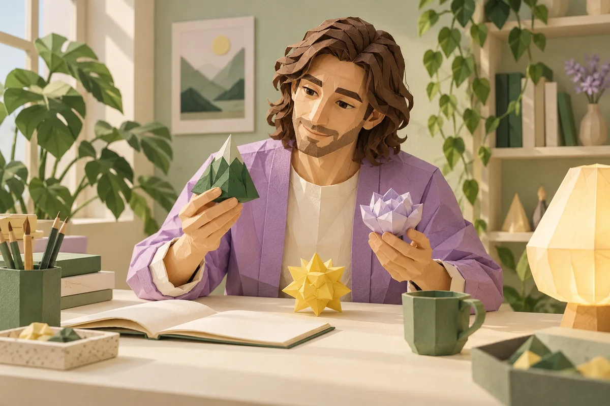 A man compares paper creations beside an open notebook.