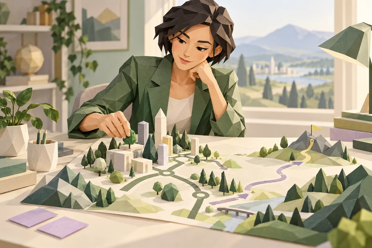 A woman arranges a small paper city and its pathways on a table.