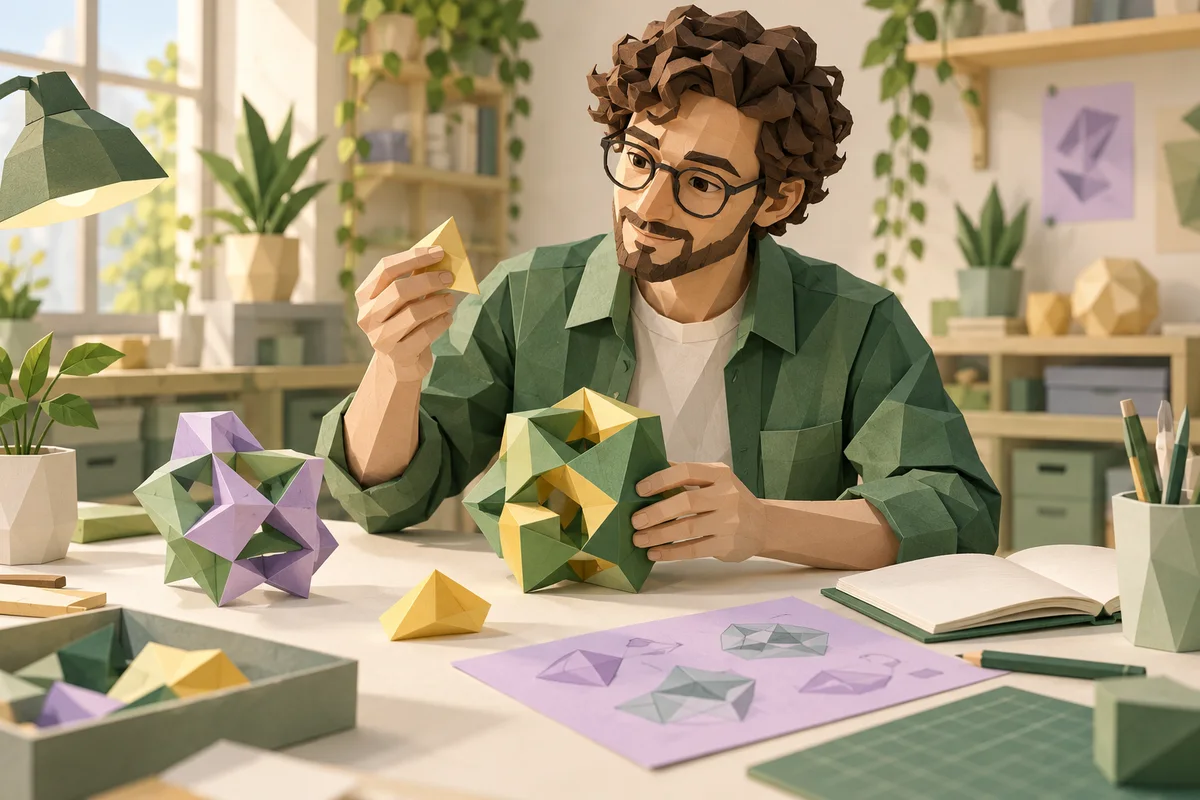 A man assembles and compares geometric paper models.