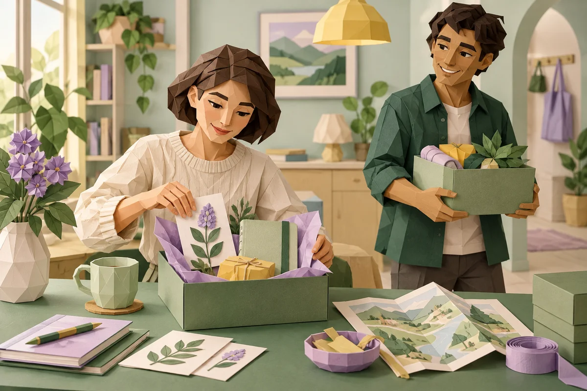 Two adults prepare paper objects and a gift box together.