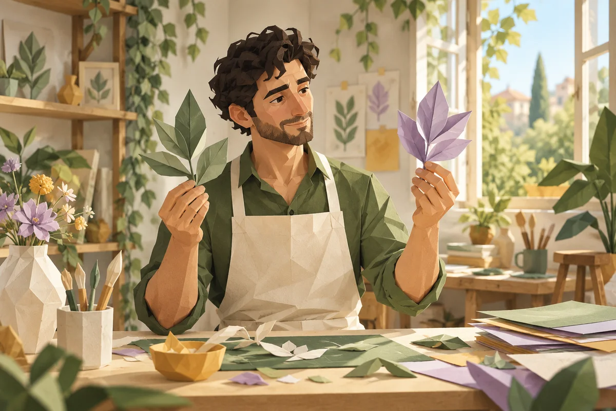 A man compares two sculpted paper leaves in a studio.