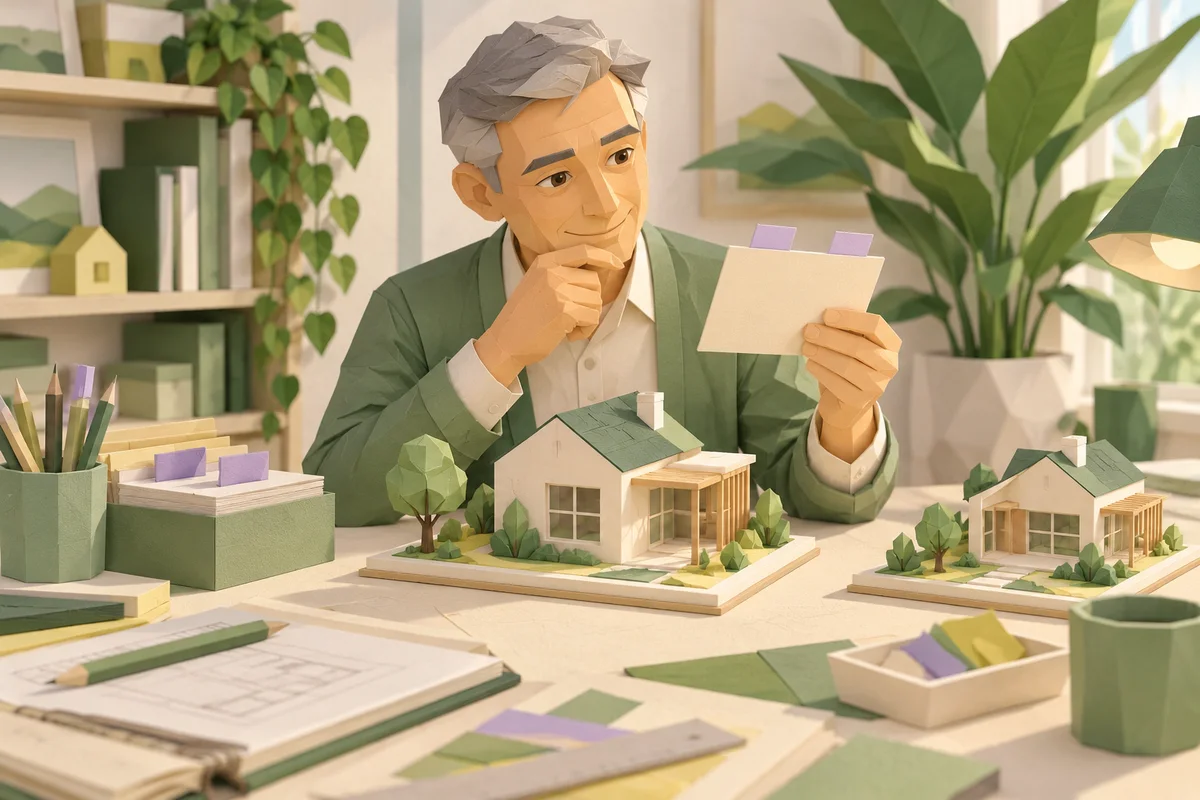 A man compares a reference card and two paper house models.