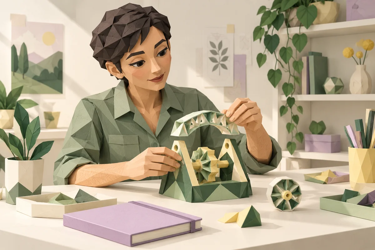 A woman adjusts parts of a geometric paper mechanism.