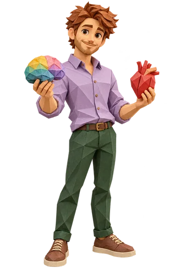 Papercraft ENTP character with a paper brain and heart.