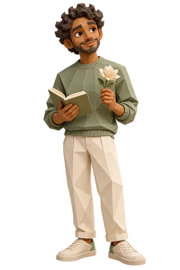 Papercraft INFP character with a notebook and a flower.