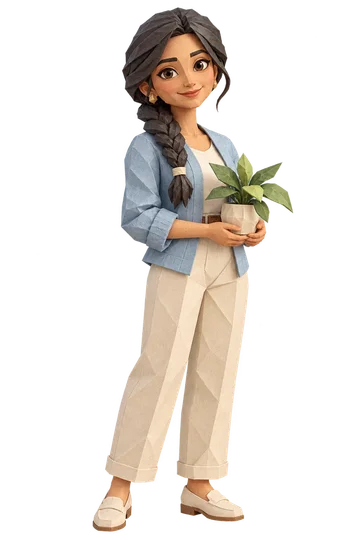 Papercraft ISFJ character with a potted plant.