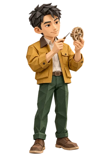 Papercraft ISTP character with a mechanical wheel.